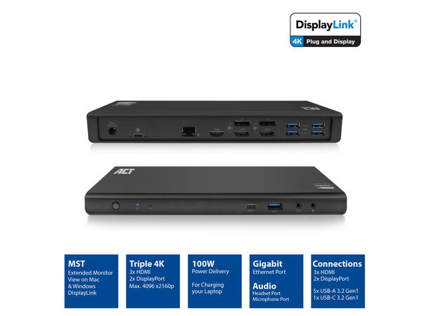 ACT USB-C Triple 4K Docking Station HDMI, Displayport, 100W PD 