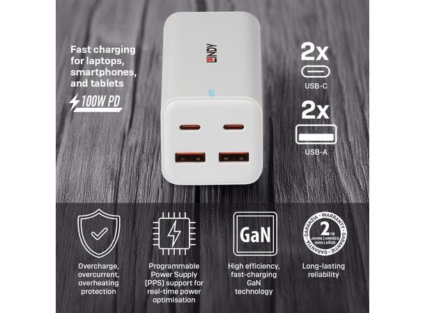 Lindy USB A+C lader100W 2x USB-C 2x USB A GaN 