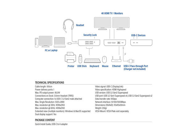 ACT USB-C 2xHDMI 4K Docking Station Displaylink 85W PD 