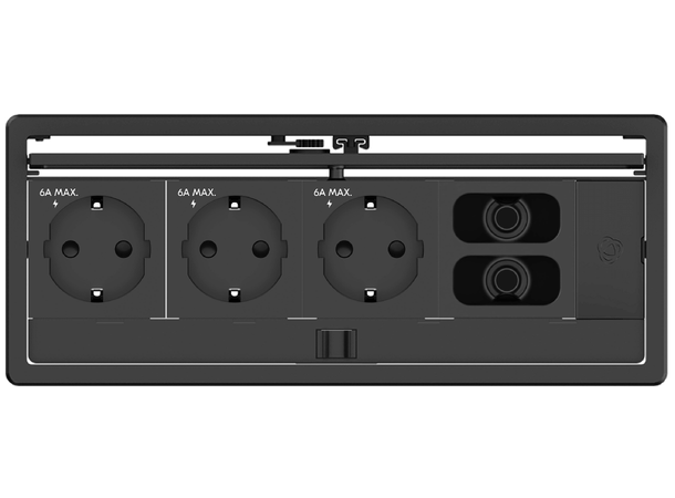 Bordbrønn 3x Strøm, Dobbel gjennomføring 3x Strøm, 2x Hull,  komplett m/3m kabel 